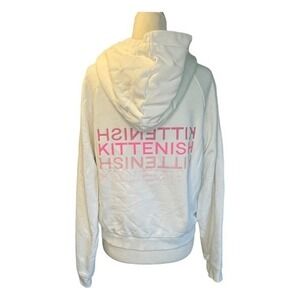 Kittenish Graphic Print Logo Hoodie Sweatshirt White Pink Fleece Long Sleeve Pul